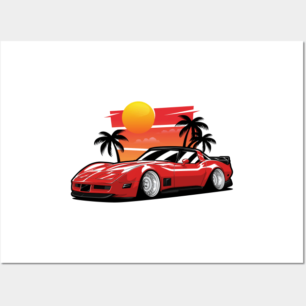 Red Corvette C3 Sunset Palms Wall Art by KaroCars